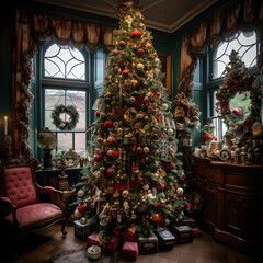 Fototapeta premium Decorated Christmas Tree with Lights and Ornaments