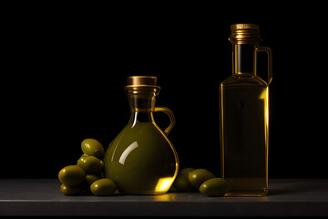 olive oil in a glass bottle and olives next to it on a plate on a black background
