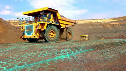 Visualization of the temporary coal mining industry. The modern quarry truck drives through the quarry. Coal mining process