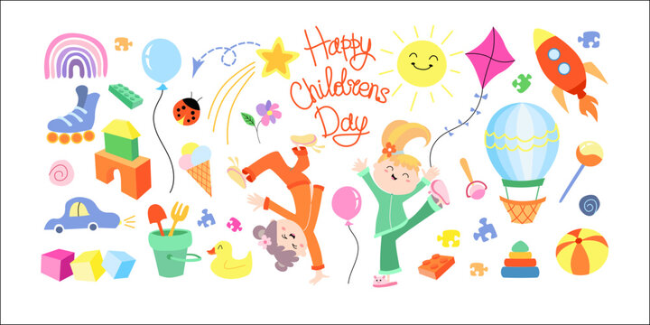 Happy childrens day set. Colorful collection of icons with children, toys and lettering.