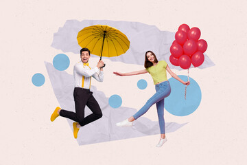 Composite collage image of two cheerful overjoyed people jumping flying hold umbrella balloons...