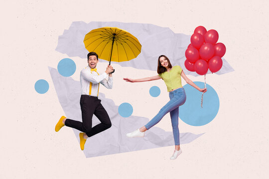 Composite collage image of two cheerful overjoyed people jumping flying hold umbrella balloons isolated on drawing background