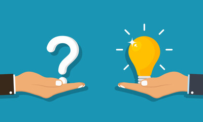 FAQ concept or asking for idea or answer. Hand holds question mark and giving, receiving light bulb with idea or answer from other hand. Concept of FAQ or providing ideas to solve problems. Vector.