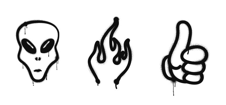 Graffiti drawing symbols set. Painted graffiti spray pattern of UFO alien face, flame and thumb up - gesture of like. Spray paint elements. Street art style illustration. Vector illustration.