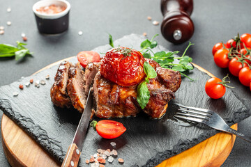 Juicy steak medium rare beef with tomatoes, Restaurant menu, dieting, cookbook recipe top view