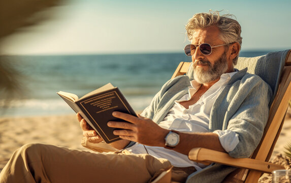 A man reads a book sitting in an armchair on the beach, lapped by the waves