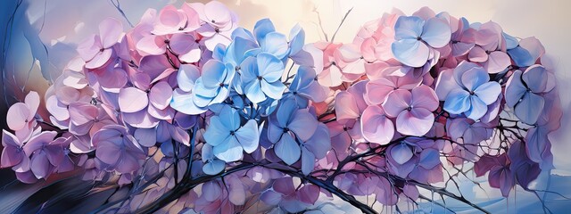 Watercolor purple floral background. Purple flowers with leafs. AI generated.