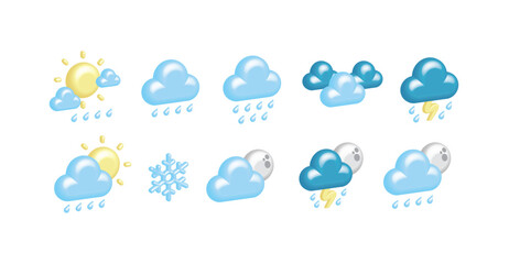 Obraz premium Volumetric, cartoon, meteorological weather forecast. Set, collection of 3d icons of sun, clouds, clouds, rain, snow, snowflakes, moon, thunderstorms, lightning, night, sky, day. Climatic conditions.