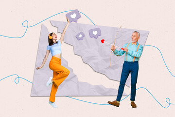 Creative collage of excited girl listen music earphones arm catch like notification aged man...