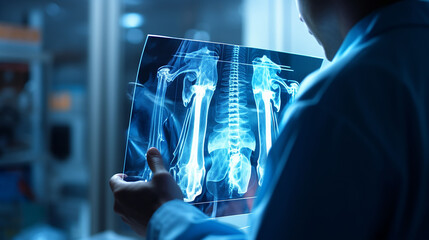 Orthopedic surgeon doctor examining patient's knee joint x-ray films, MRI bone, CT scan in at radiology orthopedic unit, hospital background. knee joint film x ray, Generative Ai - obrazy, fototapety, plakaty