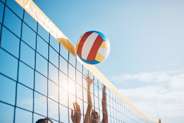 Volleyball, net with sports and fitness, blue sky and people outdoor playing game with training and...