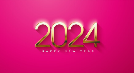 happy new year 2024 with gold number on pink background