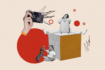 Artwork collage image of mini black white people sit cube podium hold suitcase think play puppy dog...