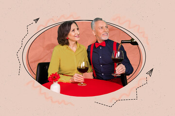 Collage portrait of waiter pour wine glass two cheerful aged partners restaurant table isolated on...