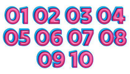 3D number 01,02,03,04,05,06,07,08,09,10 blue pink glossy color