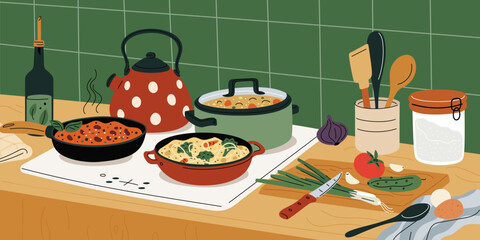 Cooking food in kitchen interior. Pot and pan on stove. Dinner preparation on hob. Slicing vegetables on cutting board. Saucepan with pasta. Products on counter. Garish vector concept