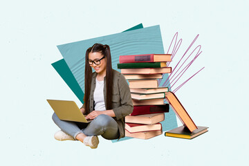 Collage sketch image of smiling lady online education apple samsung modern device isolated painting...