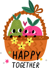 Cute fruits character emblem. Funny friends couple in basket. Happy together. Summer pear and apple. Healthy food mascot. Vitamin products. Square card. Vector cartoon banner design