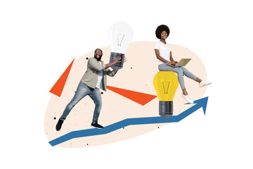 Photo cartoon comics sketch collage picture of working team having great successful idea isolated...