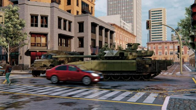 A Russian T-14 Armata tank stands in the middle of the street and Russian army ZIL-131 trucks. KA-52 helicopter flies in the sky. 3d animation