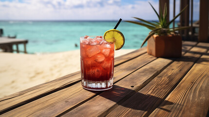 Obraz premium Cocktail on top of a wooden table in front of the beach., Generative AI