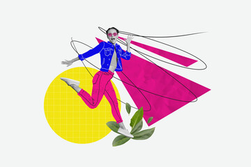 Photo collage artwork minimal picture of funky smiling lady dancing having fun isolated graphical...