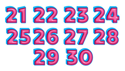 3D number 21,22,23,24,25,26,27,28,29,30 blue pink glossy color