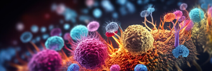 macro image of viruses and bacteria in tissues, colorful vivid background microbiological microlife, macro bokeh depth of field