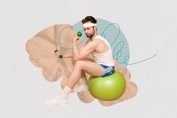 Composite collage image of determined sporty guy sitting fitball lifting dumbbells isolated on...