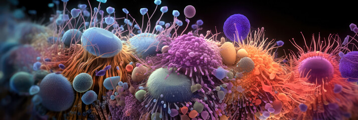 macro image of viruses and bacteria in tissues, colorful vivid background microbiological microlife, macro bokeh depth of field