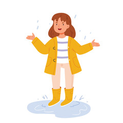 A girl in the rain in a yellow raincoat and rubber boots. Cute autumn illustration
