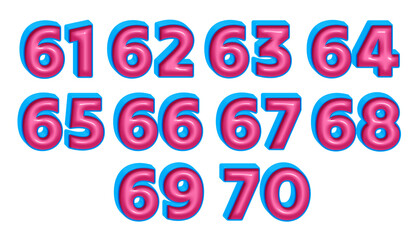 3D number 61,62,63,64,65,66,67,68,69,70  blue pink glossy color