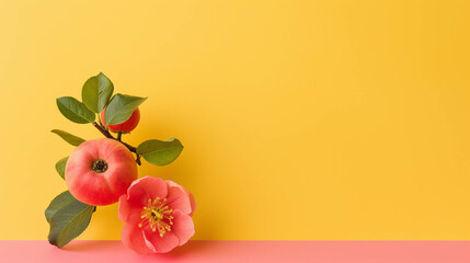 Quince on colorful background. empty copy space on the side for text. Bright Vibrant colors. Generative AI.