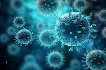Microorganisms on Blue Background Virus vs Bacteria. Generative AI - obrazy, fototapety, plakaty