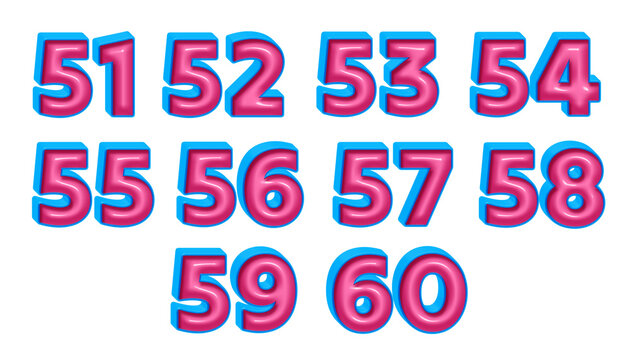 3D number 51,52,53,54,55,56,57,58,59,60 blue pink glossy color