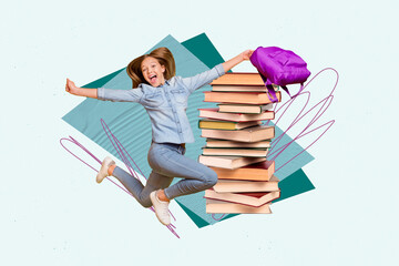 Creative collage of overjoyed funky girl hold rucksack jumping huge pile stack book isolated on...