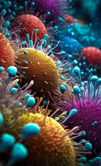 Fototapeta na wymiar macro image of viruses and bacteria in tissues, colorful vivid background microbiological microlife, macro bokeh depth of field