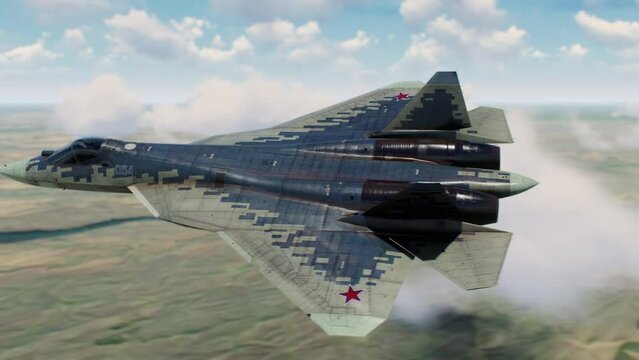 Russian fighter Su-57 Felon in flight. 3d animation