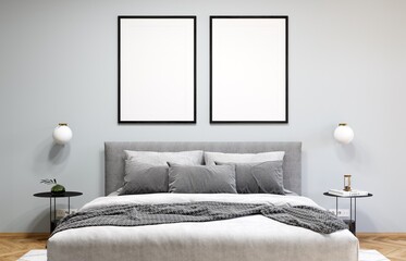 Mockup poster frame in modern interior background, bedroom, 3D render, 3D illustration
