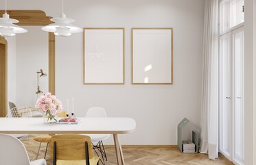 Mockup poster frame in modern interior background, living room, 3D render, 3D illustration