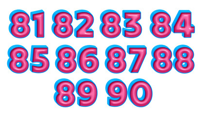 3D number 81,82,83,84,85,86,87,88,,89,90 blue pink glossy color