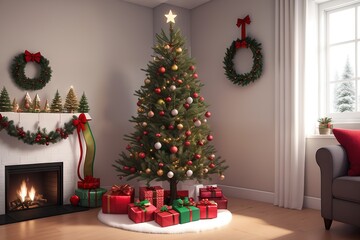 Fototapeta na wymiar Christmas tree with gifts under it in a modern interior near the fireplace. Ai generative.