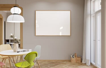 Mockup poster frame in modern interior background, living room, 3D render, 3D illustration