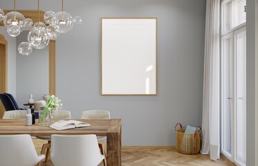 Mockup poster frame in modern interior background, living room, 3D render, 3D illustration