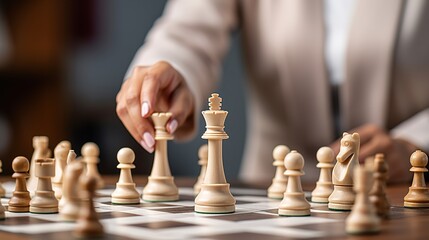strategy board game, checkmate vision, or contest, playing hands or chess knight on a house, home, or living room table. Zoom, women, friends, and chessboard pawn in mind challenge with generative ai