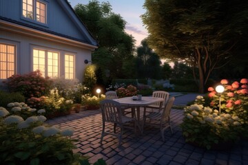 Fototapeta na wymiar Summer evening on the patio of a beautiful suburban house with lights in the garden garden