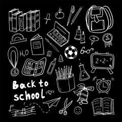 Set elements in doodle school set. Hand drawn vector illustration EPS10. Great for textile fabric design, wrapping paper, banner, posters, cards, stickers, professional design and website wallpapers. 