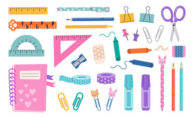 Cute school stationery set. Vector hand draw illustration in a flat cartoon style. Notebook, pencils, markers, rulers, washing, paper clips, tape. Various accessories for study and creativity.