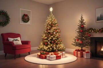 Fototapeta na wymiar Christmas tree with gifts under it in a modern interior near the fireplace. Ai generative.