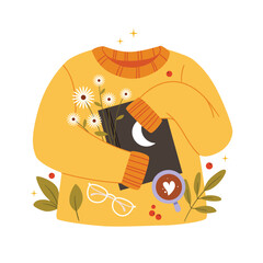 Autumn composition, Yellow autumn sweater, coffee, leaves, flowers and a magic book. Cozy illustration
